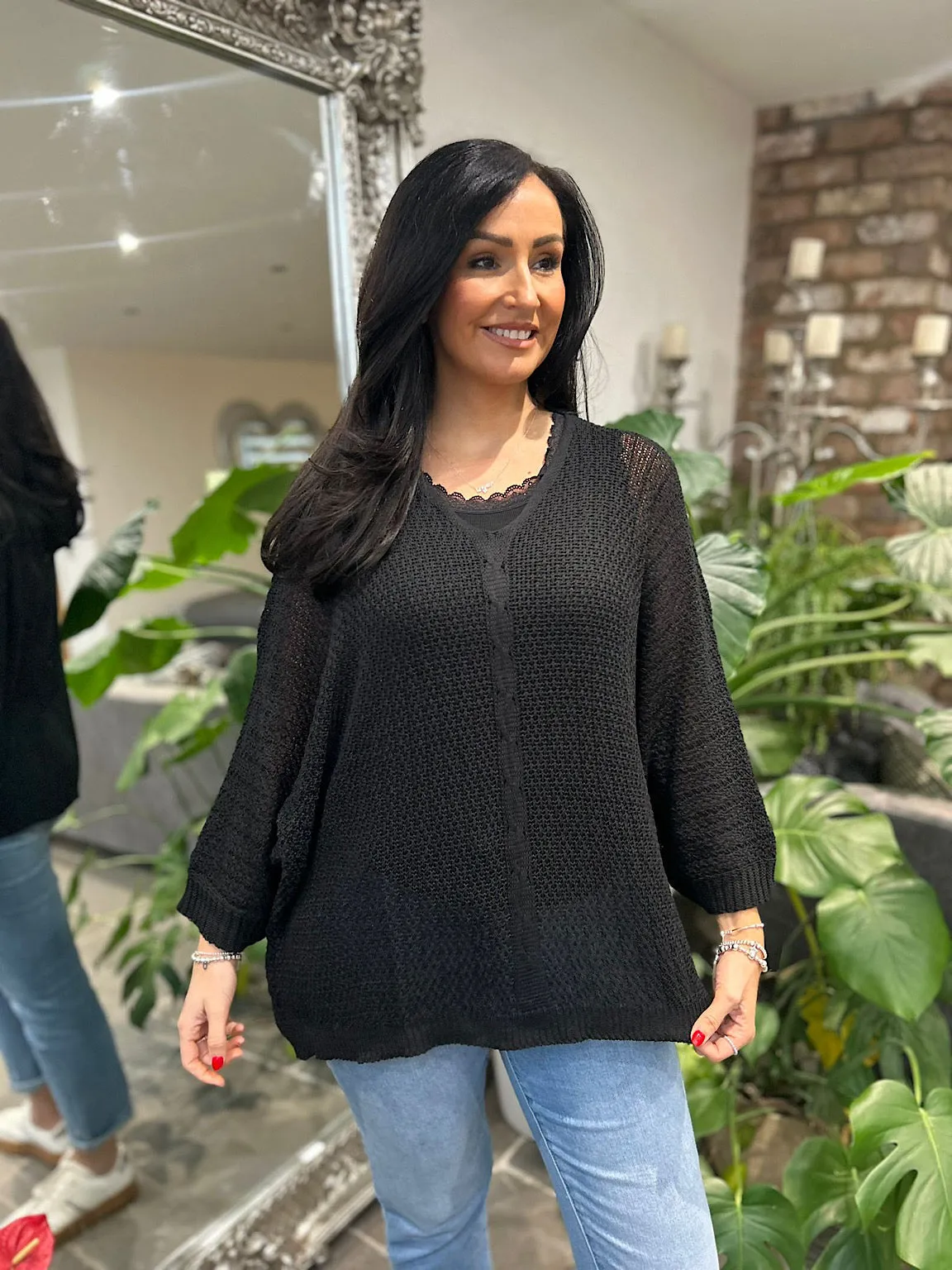 Black V Neck Cable Detail Knit Yasmin