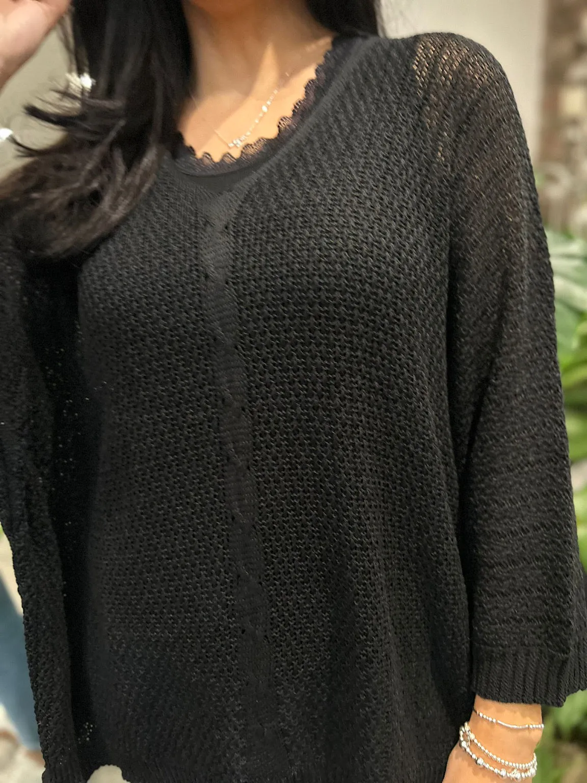 Black V Neck Cable Detail Knit Yasmin