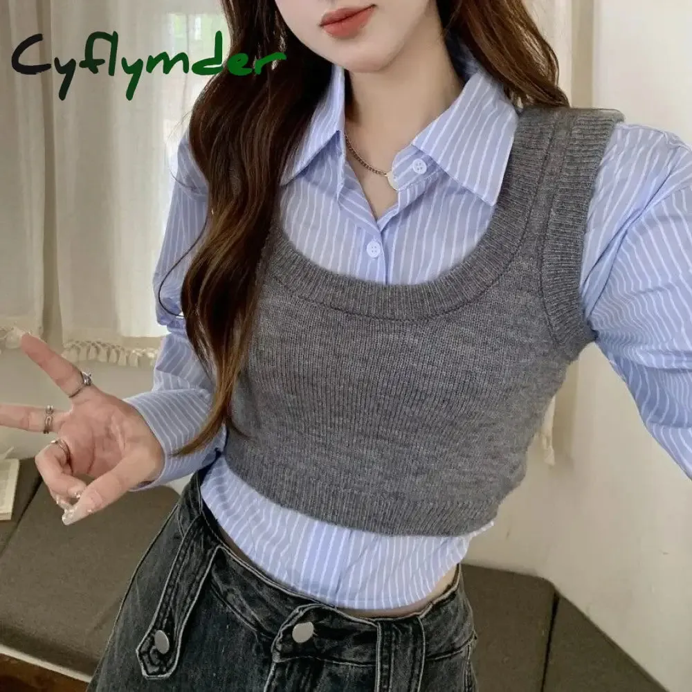 Cyflymder Kawaii Turn Down Collar Single-breasted Crop Top Shirt Suit Vest Knit Outfits Korean Fashion High Street Set Women 2 Pieces Y2k