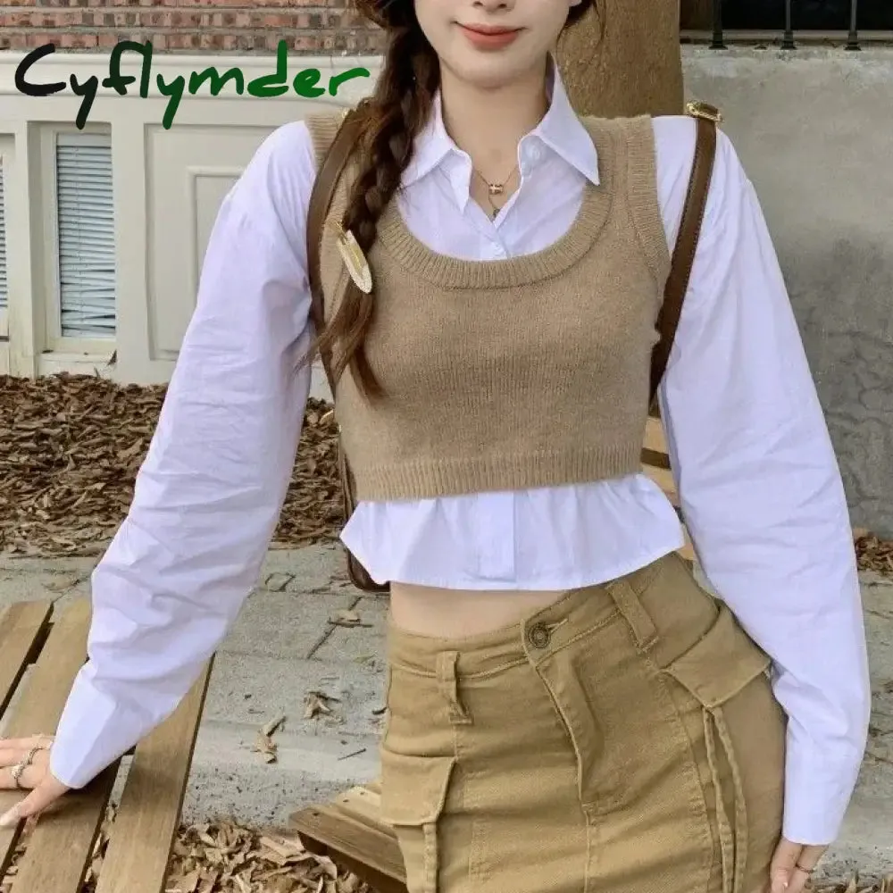 Cyflymder Kawaii Turn Down Collar Single-breasted Crop Top Shirt Suit Vest Knit Outfits Korean Fashion High Street Set Women 2 Pieces Y2k