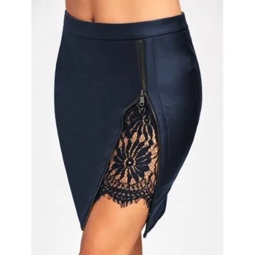 Faux Leather Slit Lace Detail Mini Skirt