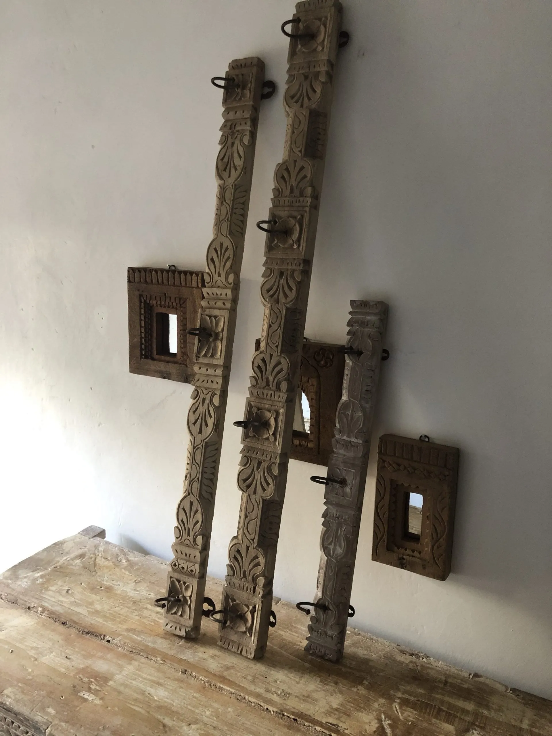 Floral Hand Carved Indian Wooden Coat Rack Wall Hanger With 3 Hooks 100cm B