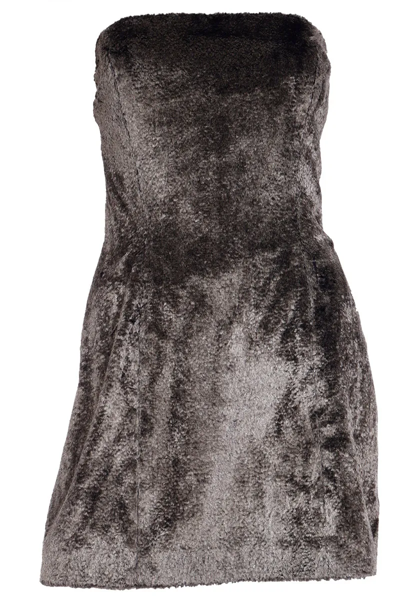 F/W 1994 Isaac Mizrahi Mossy Green Faux Fur Strapless Runway Dress