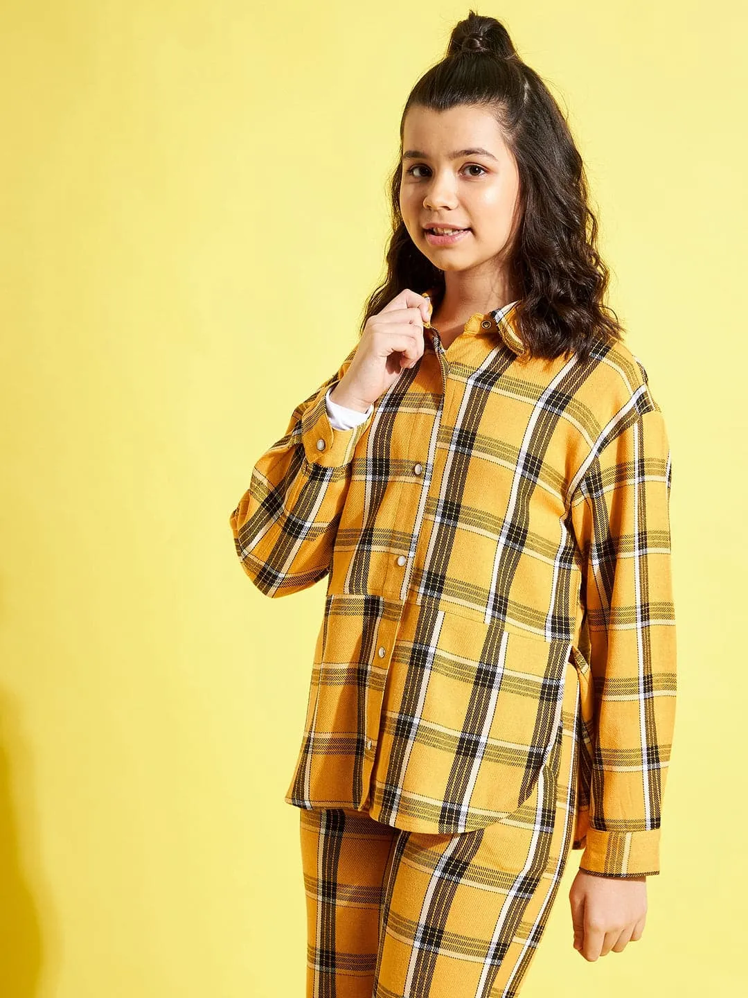 Girls Mustard & Black Check Shacket - Lyush Kids