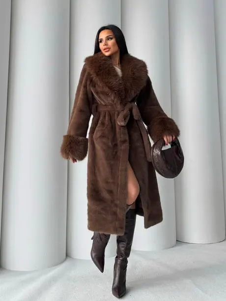 Women's Angora Long Fur Coat – Oversized Fit with Detachable Belt