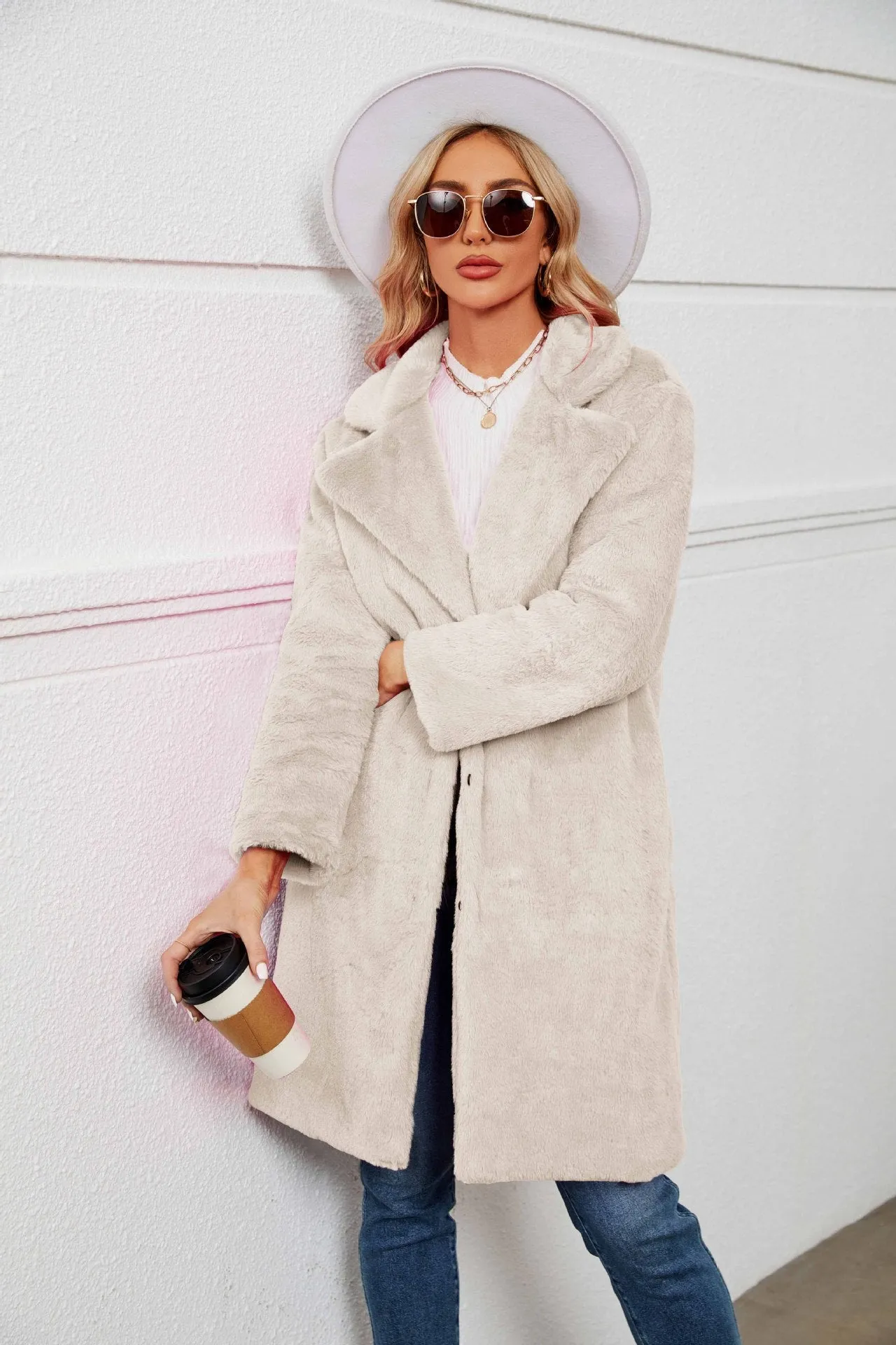 Womens Cozy Faux Fur Long Lapel Teddy Coat