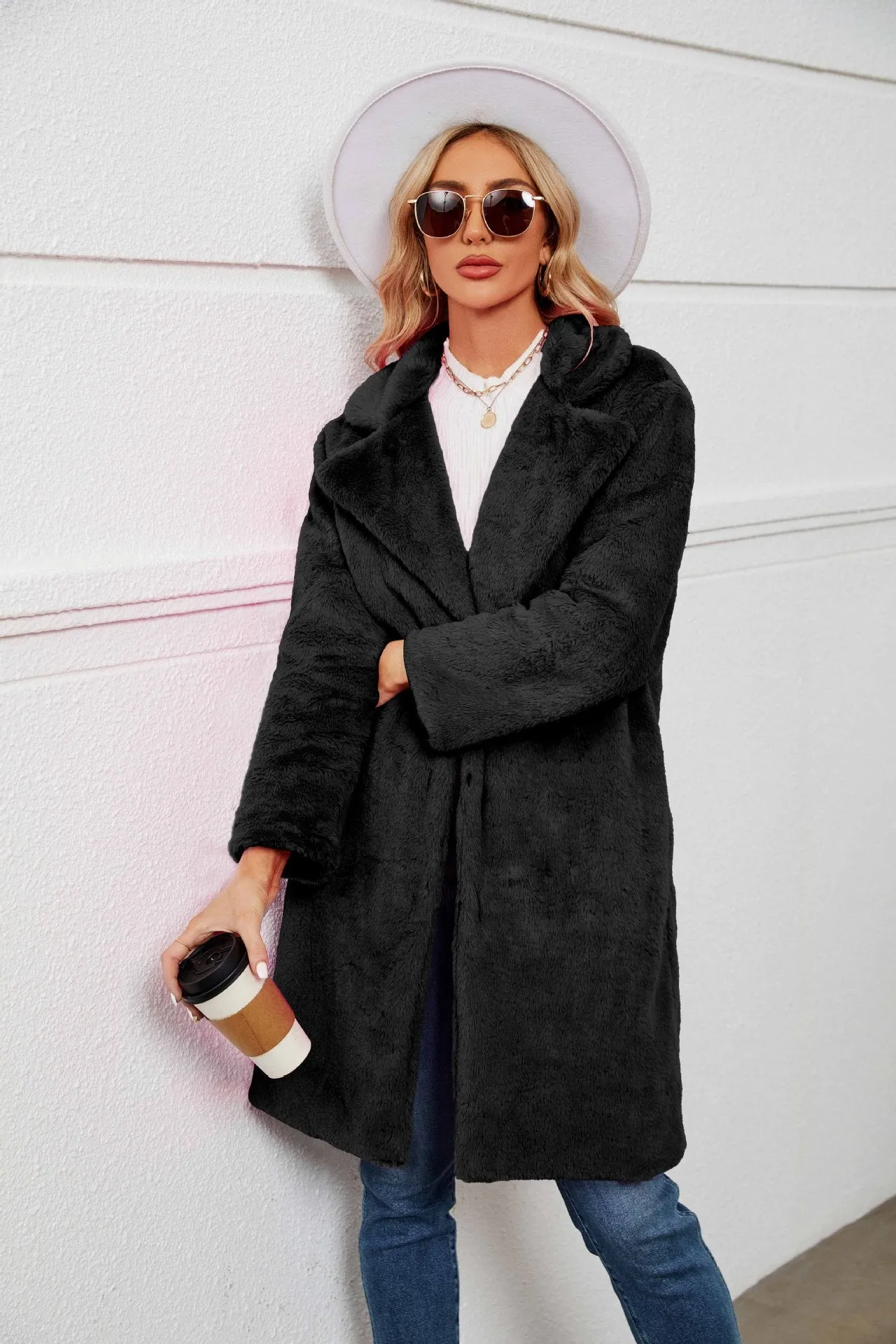 Womens Cozy Faux Fur Long Lapel Teddy Coat