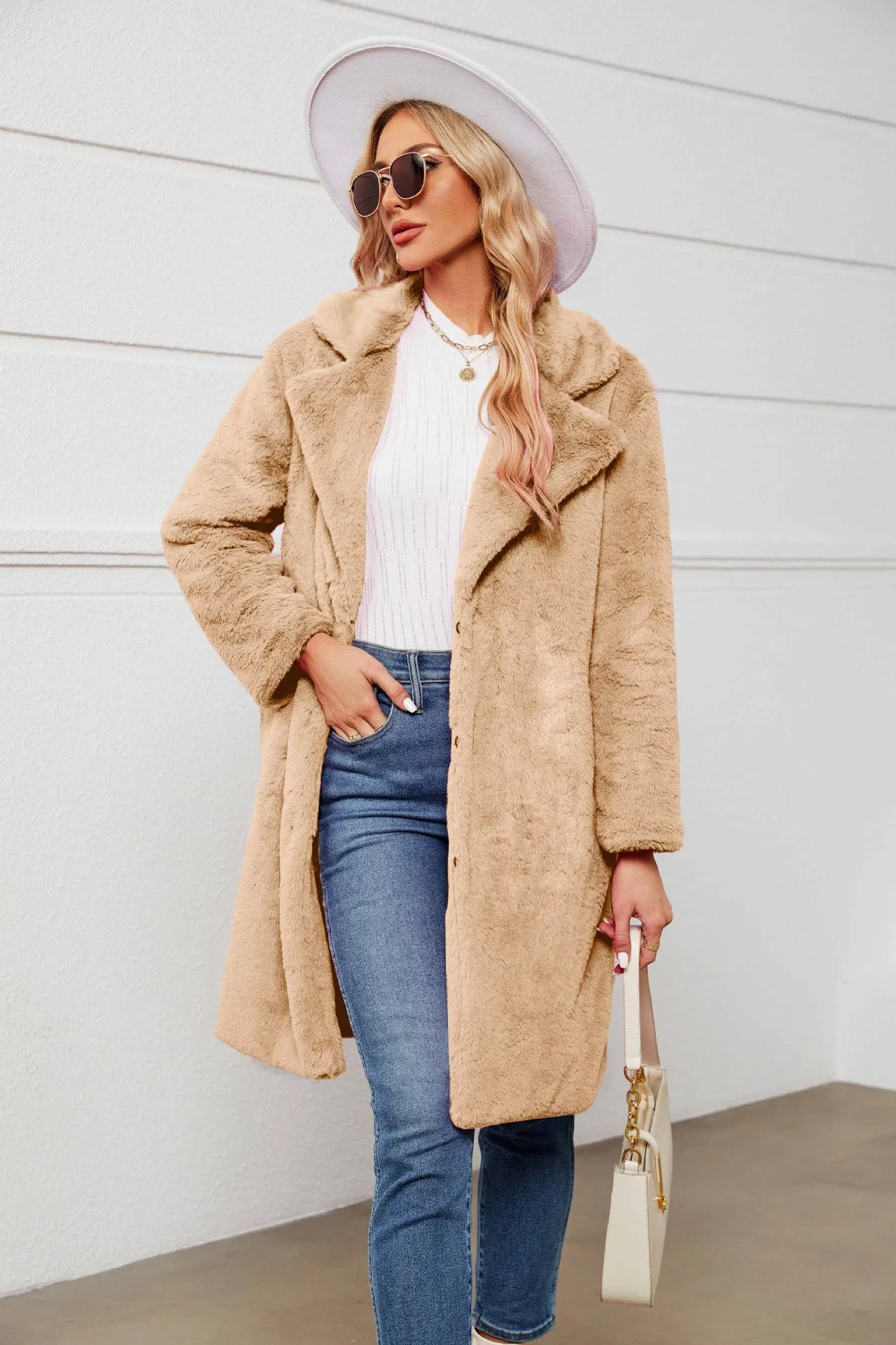 Womens Cozy Faux Fur Long Lapel Teddy Coat