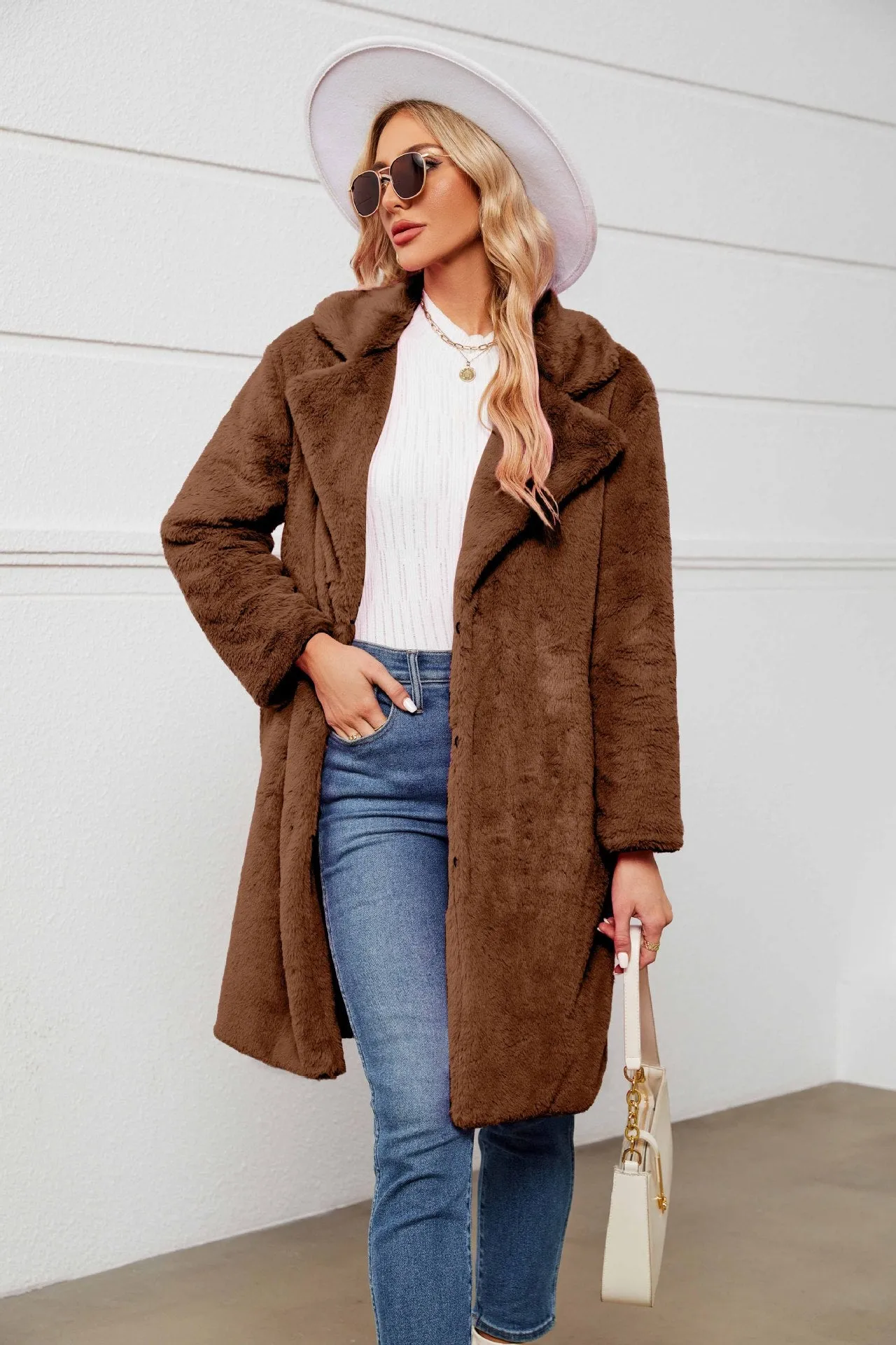 Womens Cozy Faux Fur Long Lapel Teddy Coat