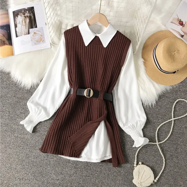 women's lantern sleeve shirt knitted vest two piece sets of College style