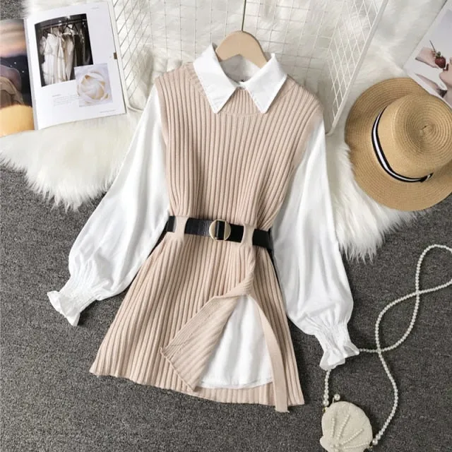 women's lantern sleeve shirt knitted vest two piece sets of College style