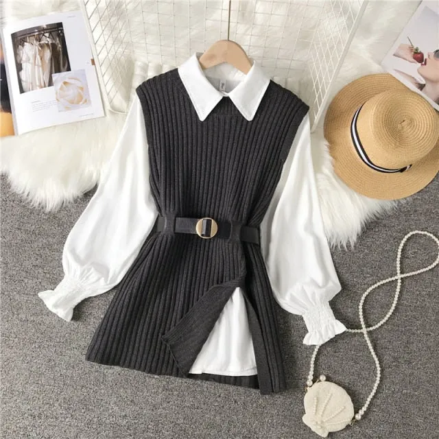 women's lantern sleeve shirt knitted vest two piece sets of College style