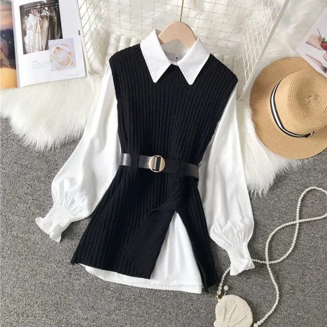 women's lantern sleeve shirt knitted vest two piece sets of College style