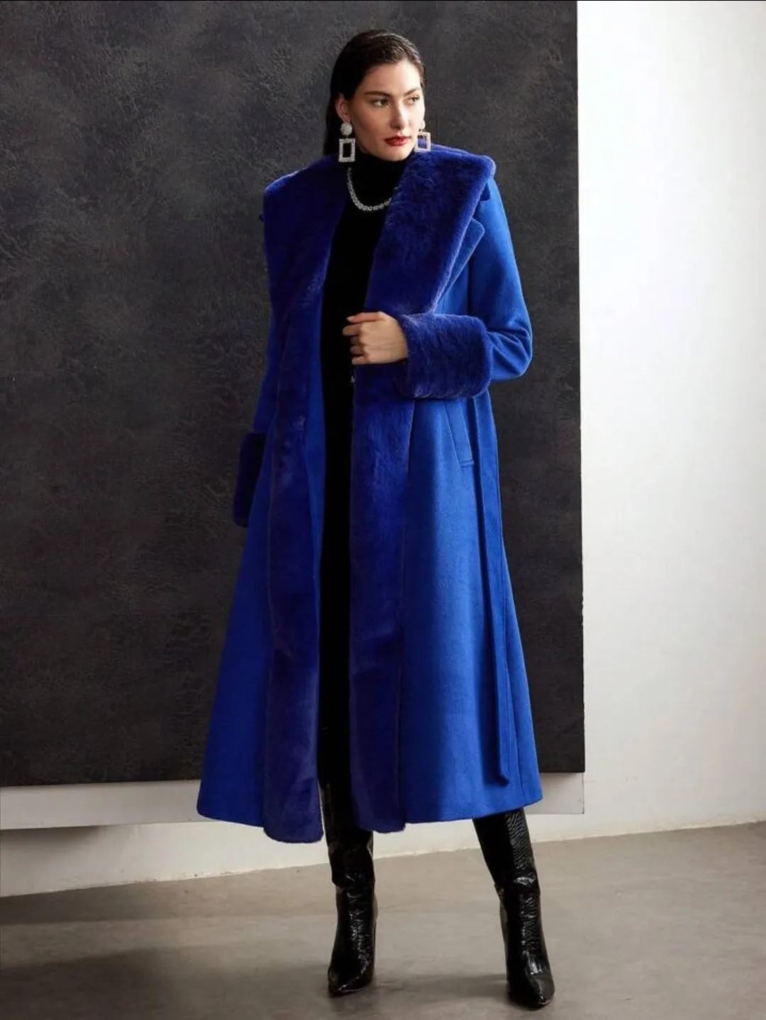 Wool Blend Faux Fur Fuzzy Cuff Winter Coat