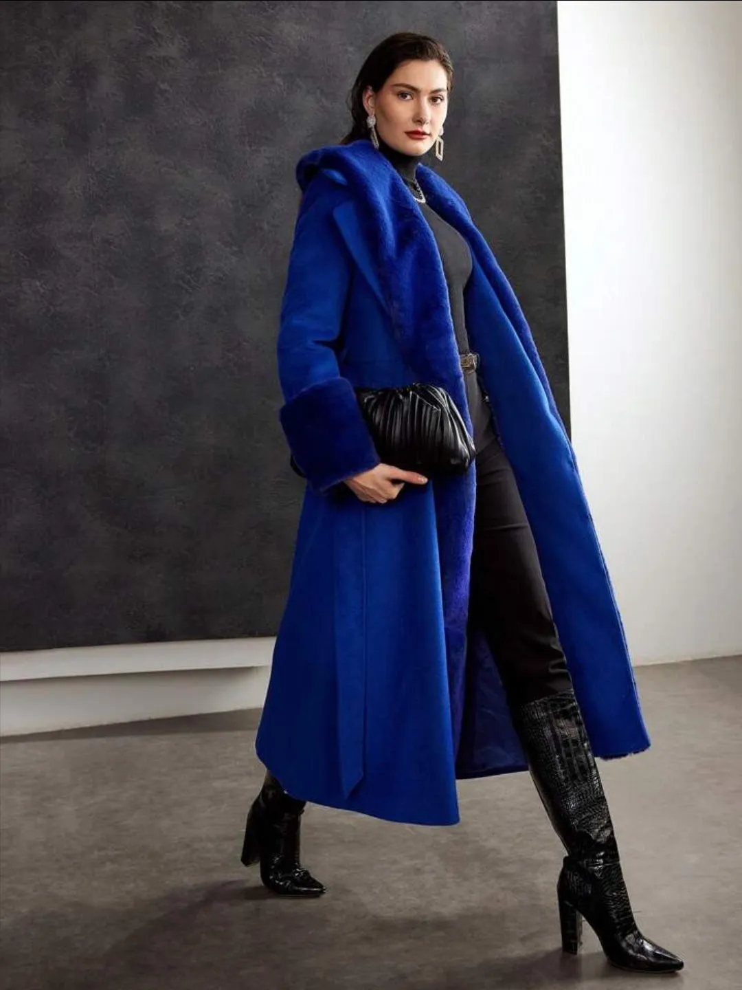 Wool Blend Faux Fur Fuzzy Cuff Winter Coat