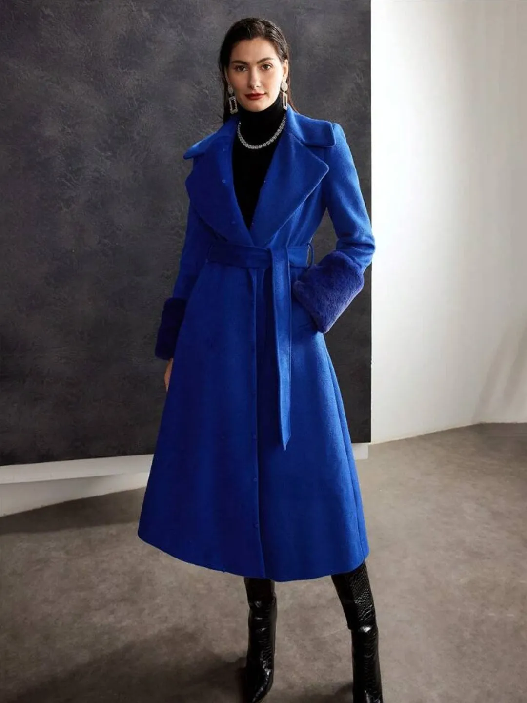 Wool Blend Faux Fur Fuzzy Cuff Winter Coat