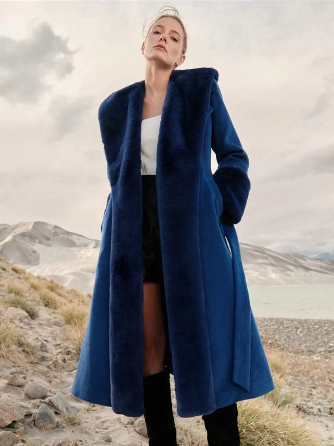 Wool Blend Faux Fur Fuzzy Cuff Winter Coat