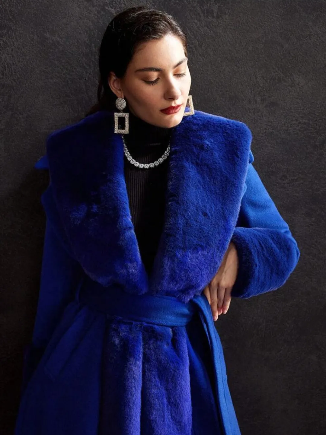 Wool Blend Faux Fur Fuzzy Cuff Winter Coat