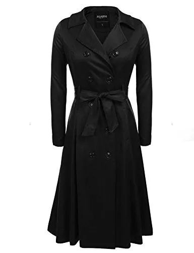 Zeagoo Women's Single Breasted Double Collar Trench Coat, Black, Medium