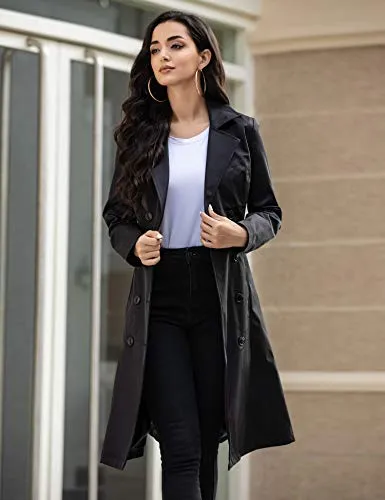 Zeagoo Women's Single Breasted Double Collar Trench Coat, Black, Medium