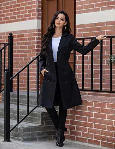 Zeagoo Women's Single Breasted Double Collar Trench Coat, Black, Medium