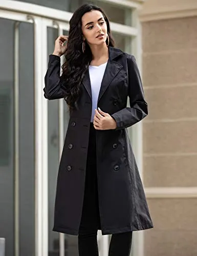 Zeagoo Women's Single Breasted Double Collar Trench Coat, Black, Medium